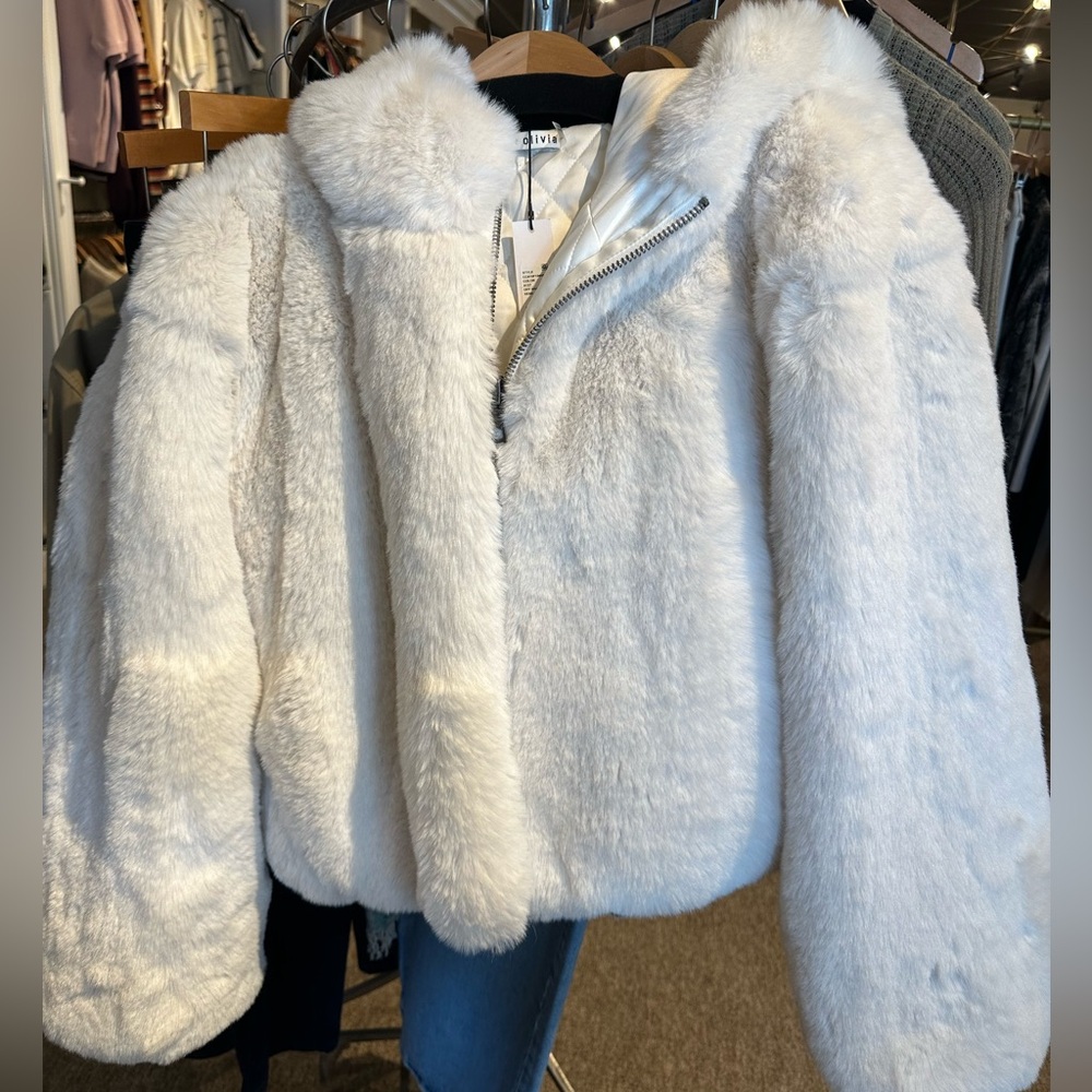 Alice+Olivia Rowe White Faux Fur Bomber - Picture 2 of 3